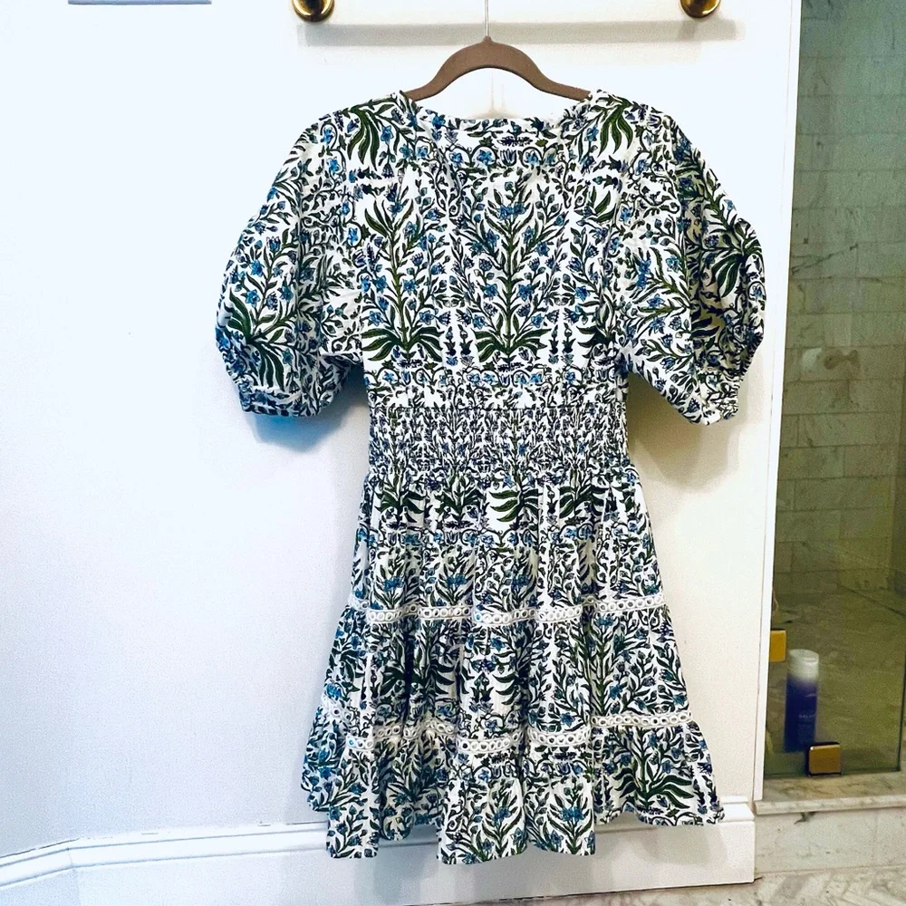 SAYLOR White Dress with Blue & Green Floral Trim - Picture 4 of 5